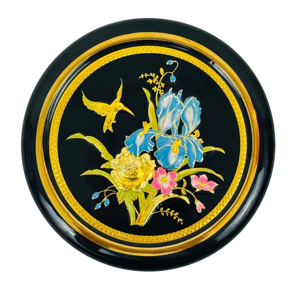 Vintage Art of Chokin Hummingbird Floral Trinket‎ Box Black Gold Silver Japan